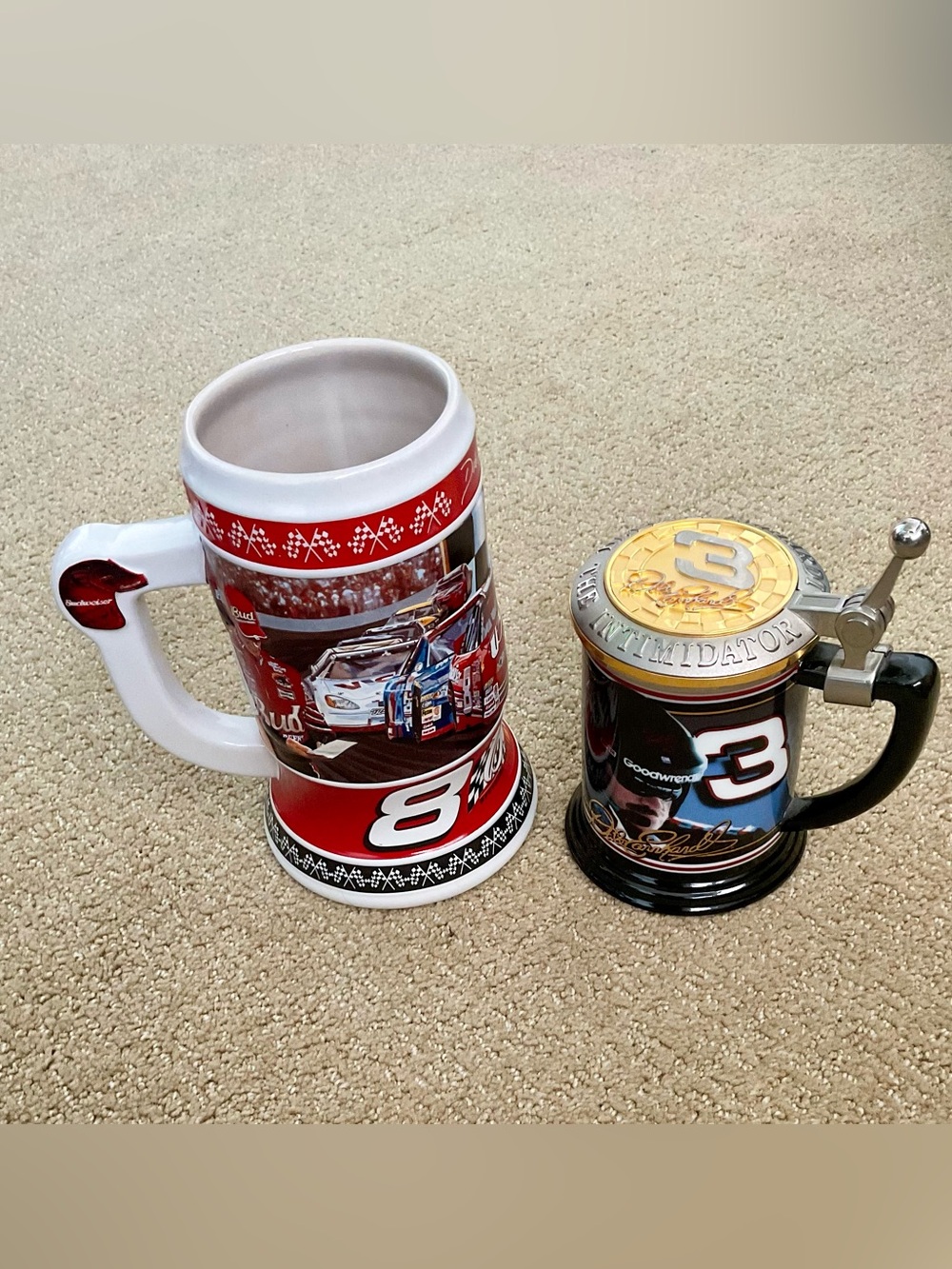 Dale Earnhardt #3 Intimidator + Dale Jr #8 Budweiser NASCAR Tankards Stein Set